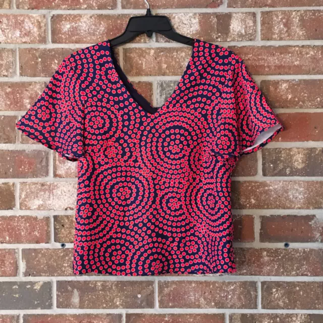 Julie Brown Navy Orange Dot Lily Pond Samantha Women's V-Neck Sz 4 Top NWT $155