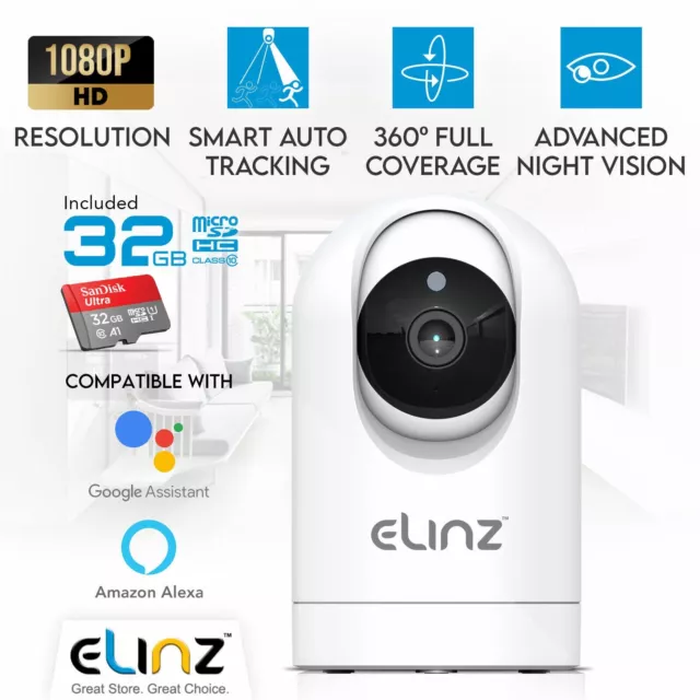 Elinz 1080P WiFi IP Auto Tracking Security Camera HD Wireless PTZ CCTV 32GB