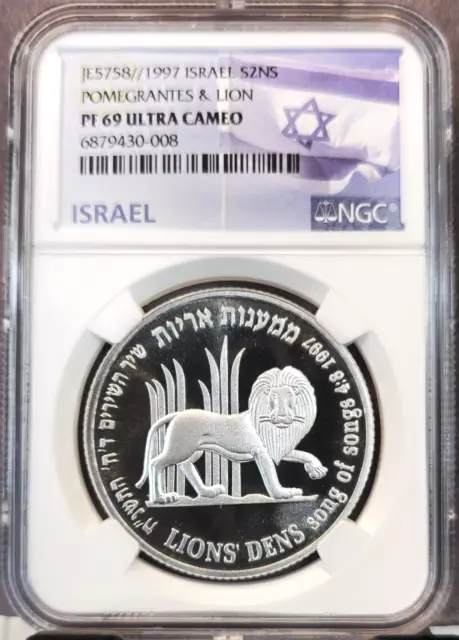 1997 Israel Silver 2 New Sheqalim Pomegrantes & Lion Ngc Pf 69 Ultra Cameo Top