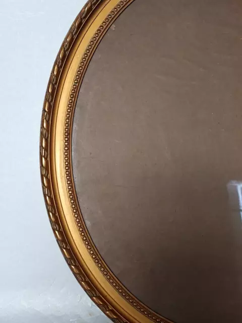 Ancien cadre ovale perlé + verre 50x45 feuillure 46x40 cm bois stuc doré B521 3