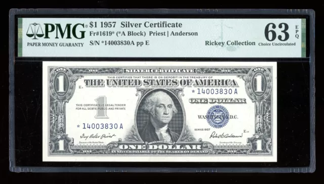 DBR 1957 $1 Silver STAR *A Block Fr. 1619* PMG 63 EPQ Serial *14003830A