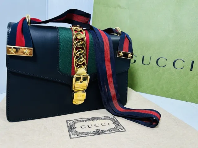 Authentic Gucci Black Leather Sylvie Signature Web Shoulder Bag