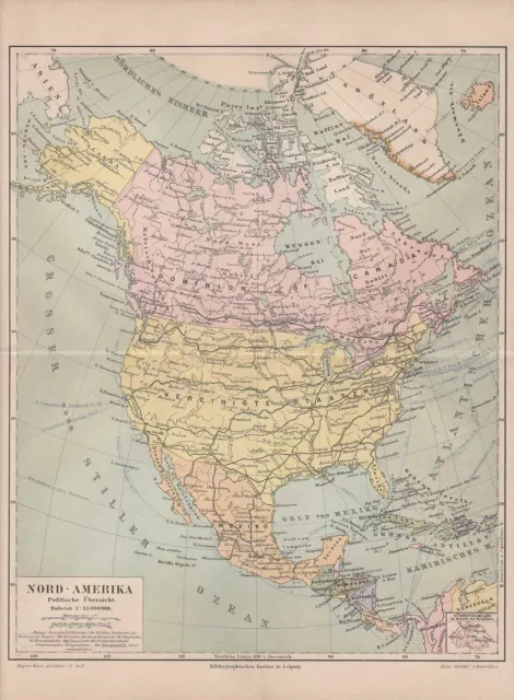 Nordamerika Staaten politische LANDKARTE von 1888 Canada Mexiko Alaska  USA