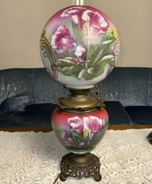 Victorian Gone With The Wind Antique Nouveau Parlor Lamp Hand Painted Globe