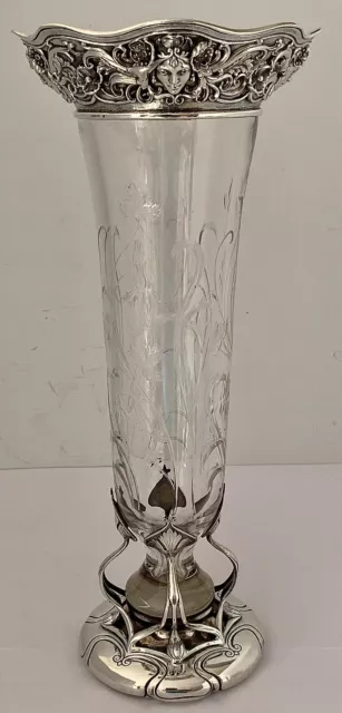 Rare Gorham Gorgeous Large Art Nouveau Sterling & Cut Glass Flower Vase