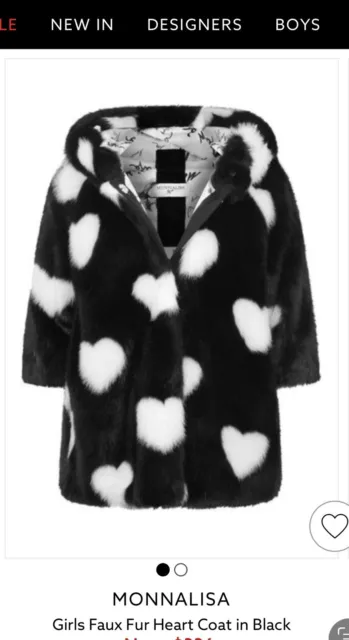 MONNALISA Girls Faux Fur Heart Coat in Black age 10 years