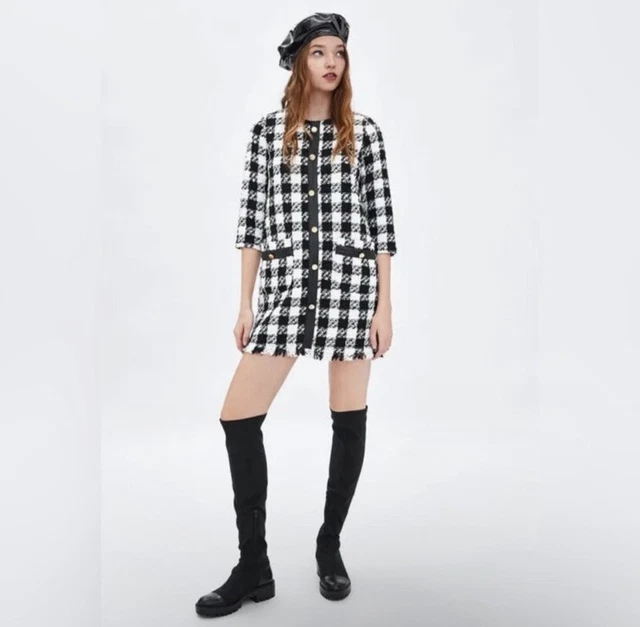 ZARA TRAFALUC BLACK and White Checkered Tweed Dress With Pockets Size M