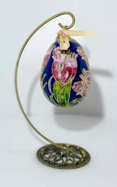 Cloisonne Easter Egg Floral Design Filigree Ornament on Bronze Metal Stand
