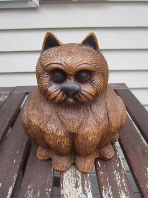 Vintage Large Hand Carved Wooden Wood Himalayan Cat Pet Feline Grumpy