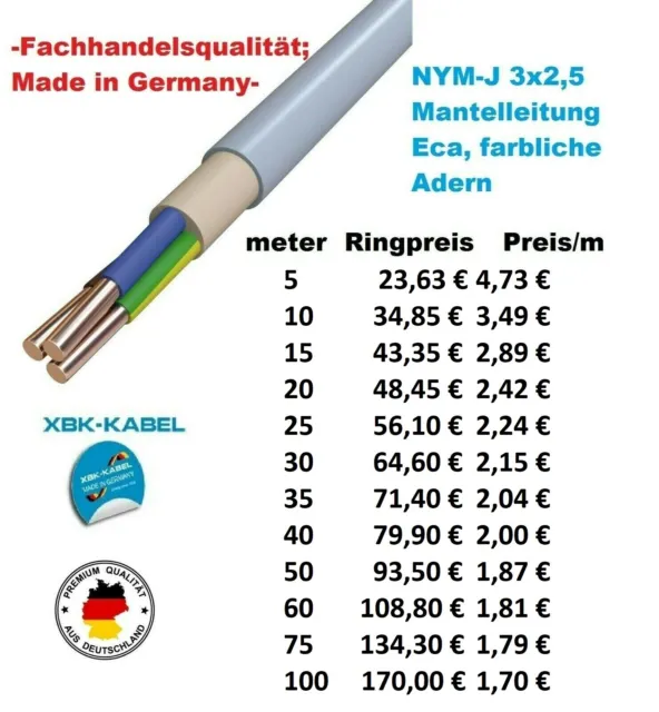 NYM-J 3x2,5 mm² / NYM J 3 2,5 XBK Feuchtraumkabel Mantelleitung Stromkabel