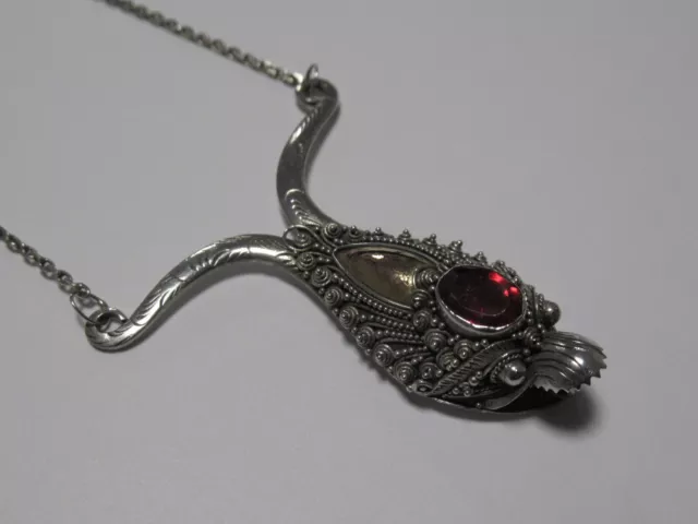 Antike asiatische Collier Halskette filigran 925er Silber Drachenanhänger Granat 3