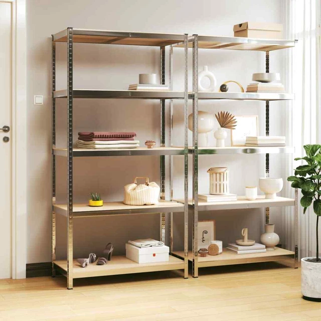 Vidaxl Scaffali 5 Ripiani 2 pz Argento in Acciaio e Legno Multistrato