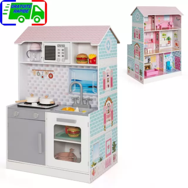 Maison de Poupées 2en1 avec Cuisine Enfants - 8 Accessoires Son Lumières 3 Étage