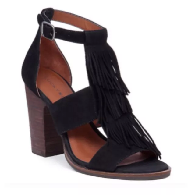 Lucky brand Leesha black leather fringe open toe ankle strap block heels size 8