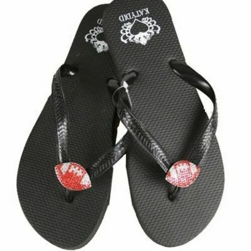 Katydid Black Flip Flops Football (Medium 7/8) Rhinestones Bling Sandals NEW