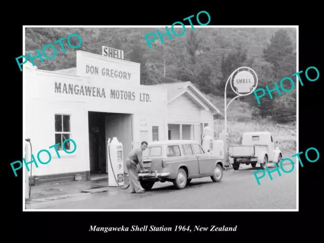 Old Large Historic Photo Of Mangaweka New Zealand Shell Oil Petrol Station 1964