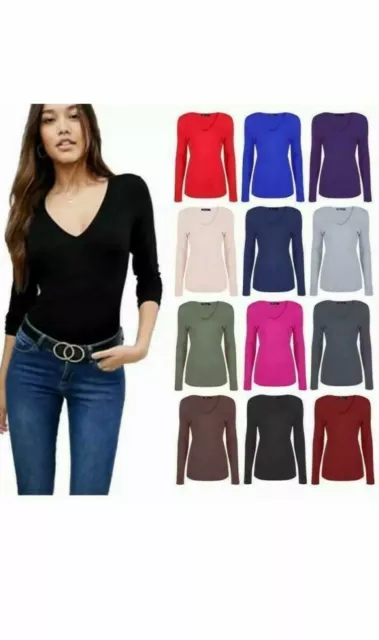 Women Ladies Girls V Neck Long Sleeve Plain Slim Fit Basic Top Stretchy T-Shirt