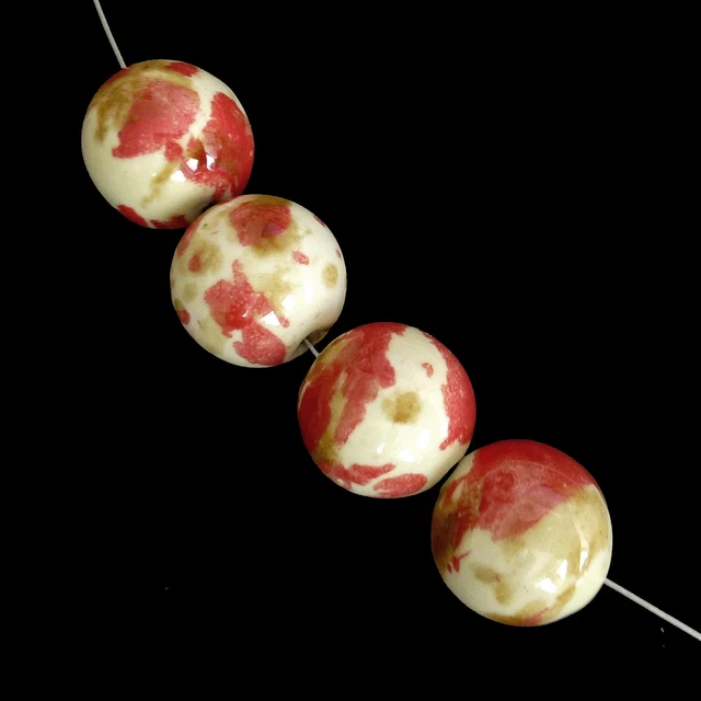 Keramikperlen rund 17-18 mm 10 Perlen creme rot massiv nenad-design AN433