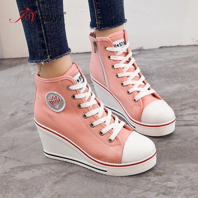 New Lady's High Top Wedge Heel Sneakers Women Pumps Lace Up Sport Shoes Canvas