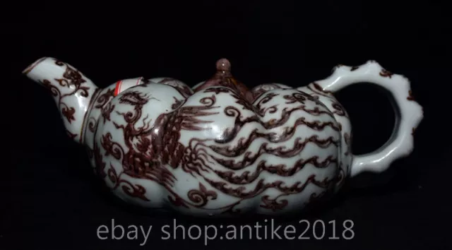 10.6" Old China Dynasty Underglaze Red Porcelain Fengshui Dragon Phoenix Teapot