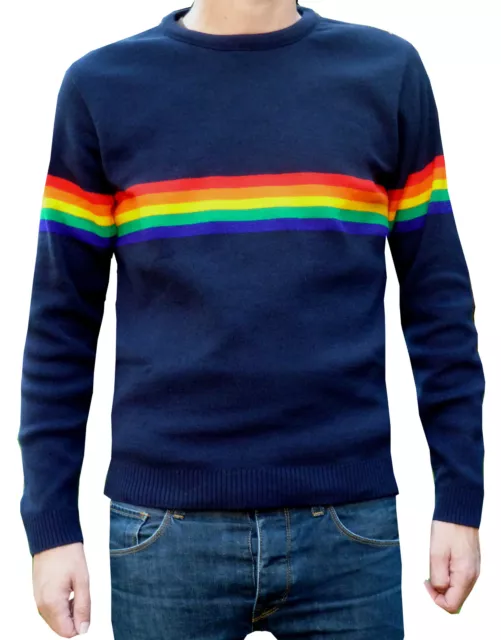 Mens Navy Blue rainbow jumper vtg retro 80s 70's indie hippy mod ELO McCartney