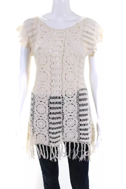 Letarte Handmade Womens Crochet Knit Fringe Cover Up Top Cream White Size Small