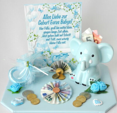 GELDGESCHENK ZUR GEBURT Baby Junge/Boy Spardose Elefant Schnuller EUR