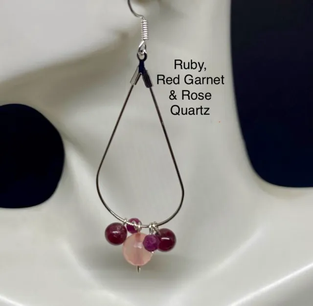 Ruby, Red Garnet, & Rose Quartz Genuine Stone Handmade Earrings