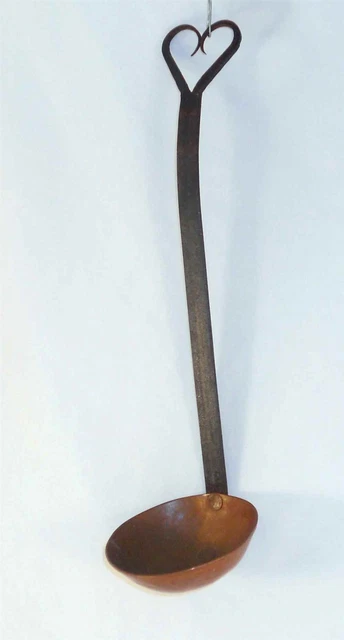 Antique Wrought Iron and Copper Primitive Ladle With Heart-Shaped Hanging Loop