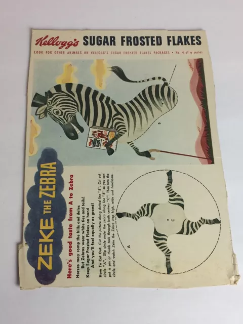 50's Kelloggs Frosted Flakes cereal box back w/ Zeke zebra cut out