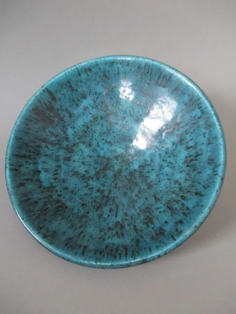 A Signed Studio Art Pottery Ceramic Footed Bowl Teal Blue-Green + Black Flecks