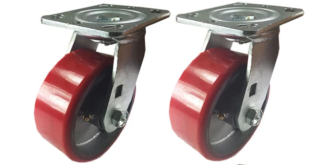 2 Heavy Duty Caster Set 5" Polyurethane on Cast Iron Wheels No Mark Red