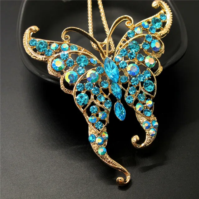 Fashion Women Bling Blue Rhinestone Cute Butterfly Crystal Chain Necklace 2