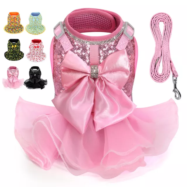 Dog Dress Lace Bowtie Cute Princess Summer Mesh Cat Puppy Harness with Leash set