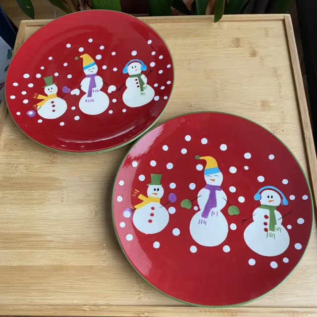 Pier 1 Imports Plate Snow Ball Salad Christmas Holiday Hand Painted Set Of 2