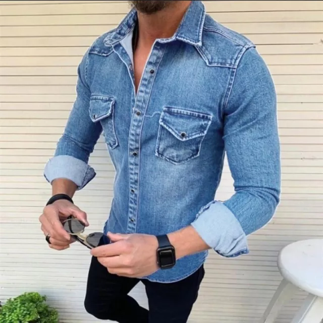 Mens Denim Shirts Casual Slim Fit Denim Shirt Jeans Long Sleeve Tops Button Tops