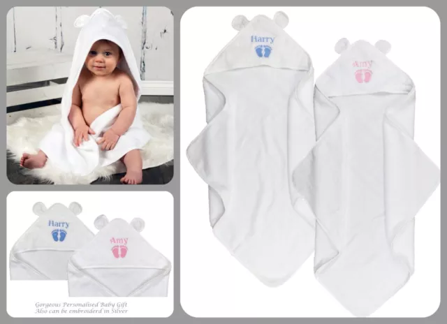 Personalised Luxury Hooded Baby Towel Name and Feet White 75 x75cm Baby  Gift