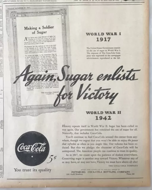 1942 newspaper ad for Coca-Cola - Again Sugar Enlists for Victory, WW2 Ad