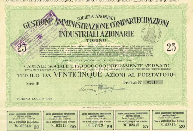ITALY CITY OF TORINO INDUSTRY  stock certificate 1928 25 SH