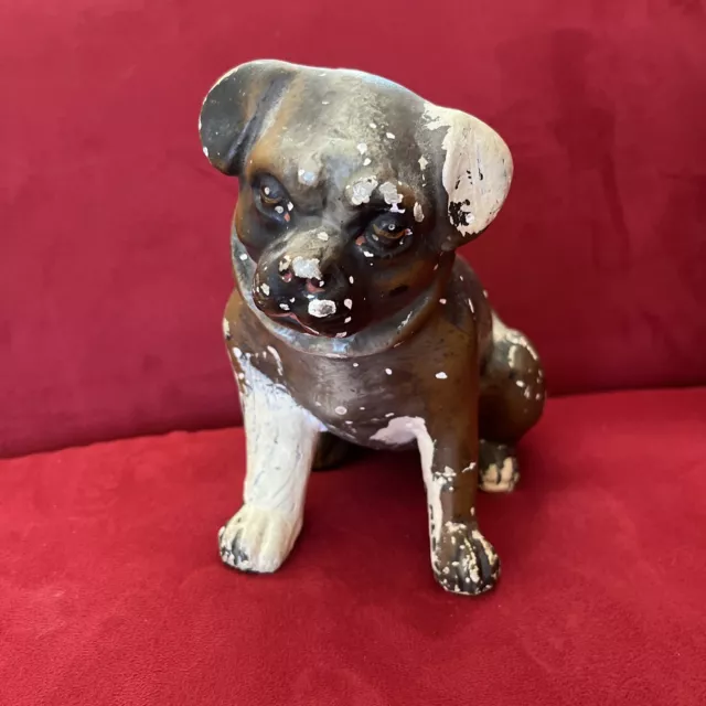 Antique Late 19th Century ChalkWare Pug Dog Figurine 7” x 7.5” Brown Red Eyes