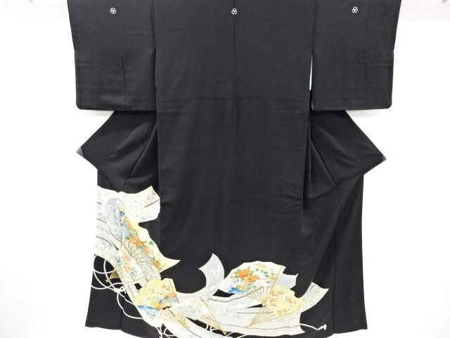 01394# Japanese Kimono / Antique Tomesode / Embroidery / Folding Fan With Flower