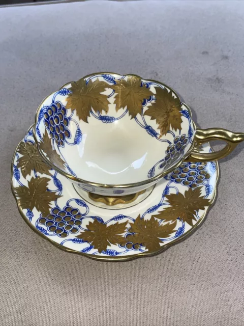 Vintage Royal Stafford Tea Cup Saucer La Vigne D'or Navy Blue Gold Grapes Leaves