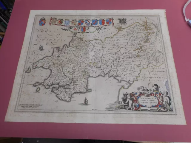 100% Original Large Pembrokeshire South Wales Map By J Blaeu C1646