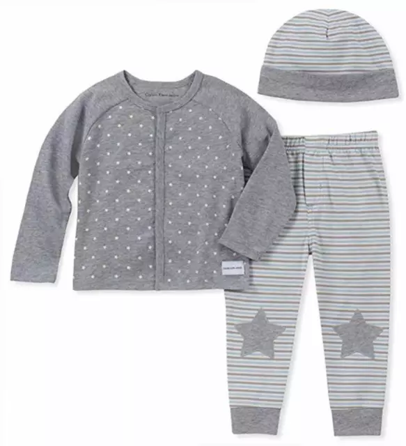 Calvin Klein Infant Boys Grey 3pc Set W/Hat Size 0/3M 3/6M 6/9M 12M 18M 24M $45