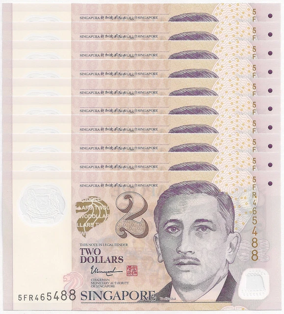 SINGAPORE 2 Dollars X 10 PCS w/2 Diamonds 2015 P-46g Polymer UNC Uncirculated