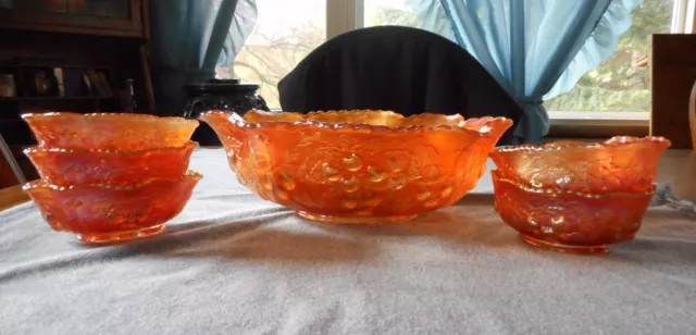 Dugan Marigold Carnival Glass Wreathed Cherry Master & Small Berry Bowl Set 6 Pc