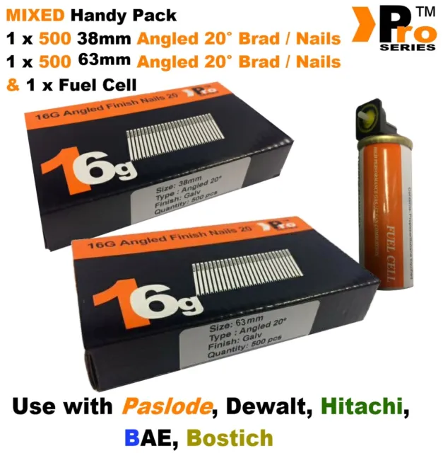 38mm + 63mm Mixed 16g ANGLED Nails, 2 x 500 pack + 1 x Fuel Cell for Paslode, B1