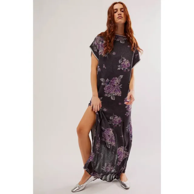 Free People Elaine Floral Sweater Knit Maxi Dress Size in Black Combo Large