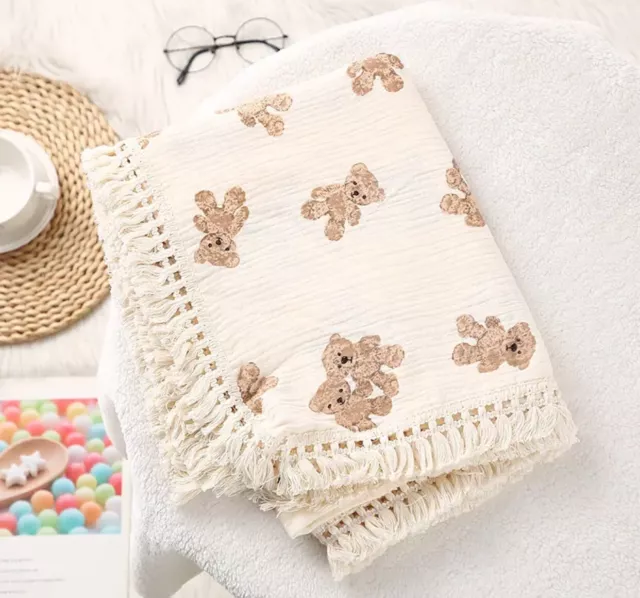 Little Teddy Bear Organic Cotton Neutral Baby Muslin Tassel Blanket Swaddle Gift