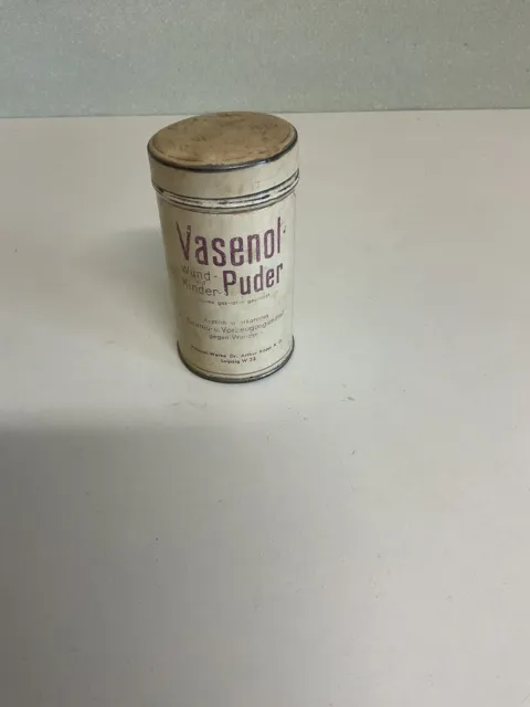 Alte Vasenol PuderDose Wund und Kinderpuder Blechdose mit Inhalt Sammler
